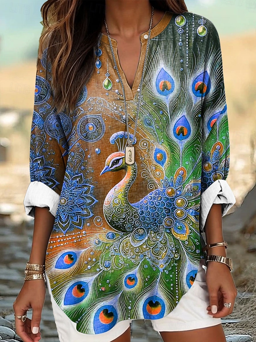 Femmes Chemisier Fleuri Graphique Animal Élégant manche longue Col en V Hauts Réguliers Quotidien Fête Imprimé Bleu Orange Vert Été Printemps de 2025 ? $24.99 –P4