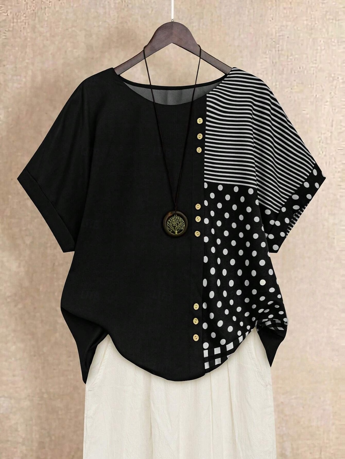 Dame Bluse Grafisk Polkadotter Stripet Grunnleggende Kortermet Crew-hals Vanlige topper Ferie Knapper Trykt mønster Svart Navyblå Grønn Sommer Vår 2025 - $26.99 –P3