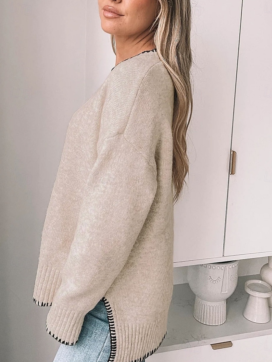 Damen Pullover Lässig Weich Einfarbig Gerippt Rundhalsausschnitt Patchwork Gestrickt Langarm Normale Oberteile Stricken Outdoor Täglich Wochenende Grün Khaki Herbst Winter 2025 - $39.99 –P13