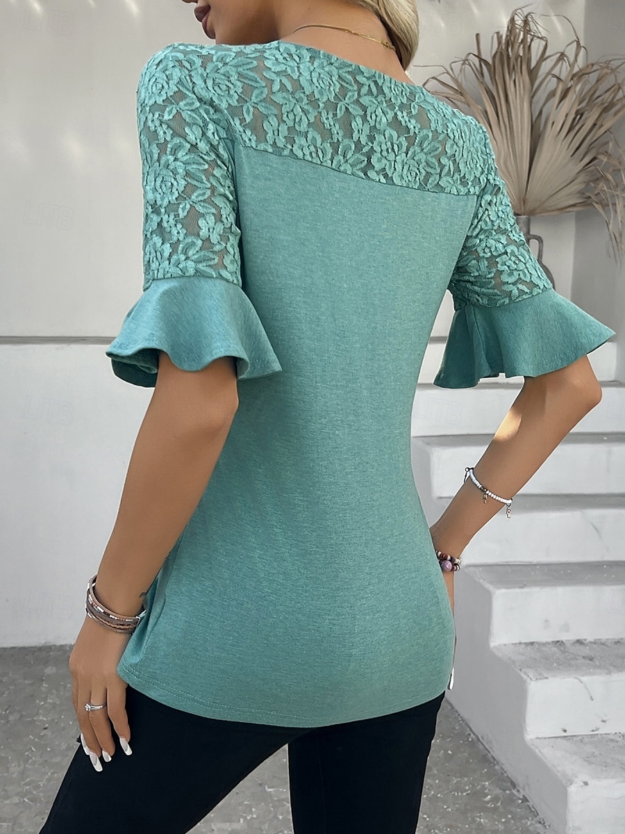 Dames Kanten overhemd Effen Kleur Stijlvol Casual Halve mouw Strakke ronde hals Normale tops Dagelijks Kant Lapwerk Zwart Blozend Roze Paars Groen Zomer 2025 - $20.39 –P3