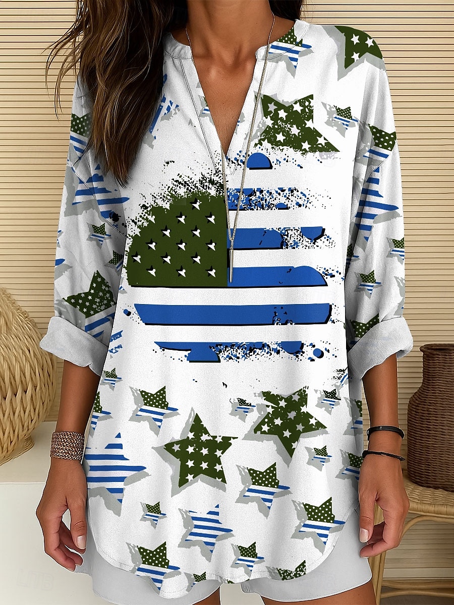 Bluzka patriotyczna damska z grafiką flagi w stylu vintage tropikalna hawajska długi rękaw dekolt w serek regularne topy codzienne na wakacje nadruk czerwona niebieska fioletowa lato wiosna 2025 - $19.99 –P2