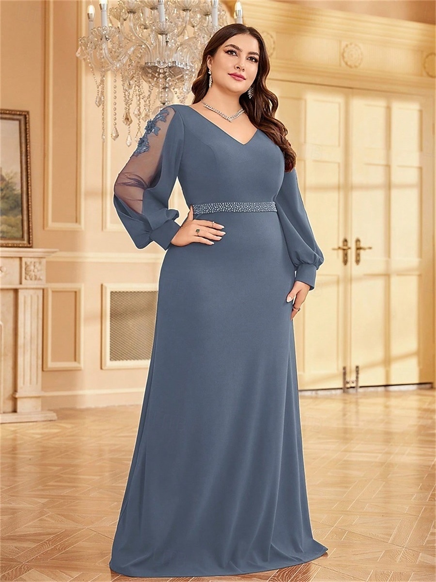 A-vonalú Plus Size Ruhák Elegáns Görbületű Ruha Formális Esküvő Padló Hosszú Hosszú Ujjú V Nyakú Chiffon Gyöngyökkel 2025 - $109.99 –P4