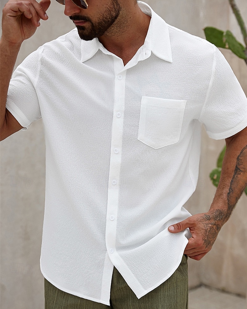 Men's Shirt Summer Shirt Casual Shirt Beach Shirt Button Up Shirt White Short Sleeve Plain Lapel Vacation Hawaiian Clothing Apparel Polyester Fashion Casual Comfortable 2025 - $22.99 –P3