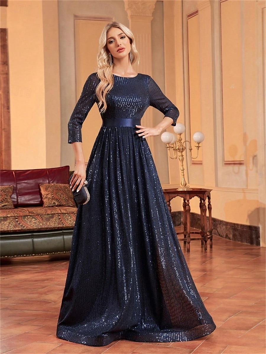 Rochii A-Line quinceanera rochie elegantă rochie formală nuntă lungime până la podea mânecă 3/4 guler cămașă poliester cu pliuri 2025 - $99.99 –P1