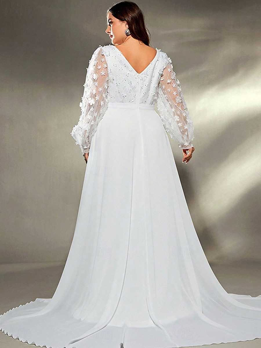 A-Line Evening Gown Elegant Dress Formal Wedding Sweep / Brush Train Long Sleeve V Neck Chiffon with Pleats 2025 - $89.99 –P7