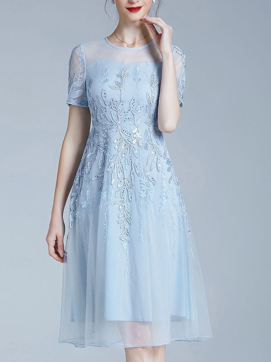 Vestido A-Line Vestido da Mãe da Noiva Elegante Decote Redondo Comprimento do Joelho Tule Mangas Curtas com Pregas Bordado de 2025 por $136.99 –P4