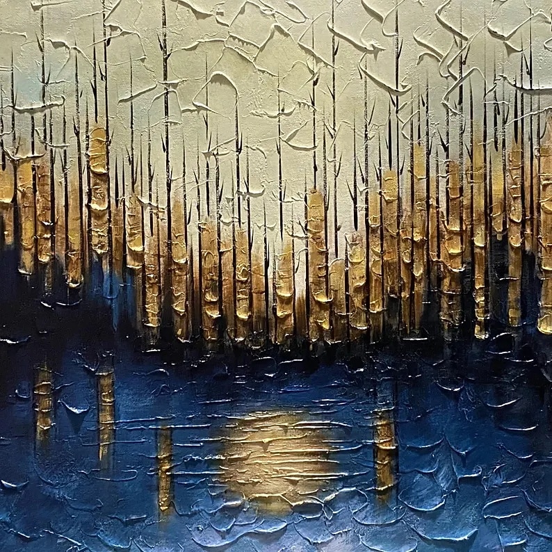 Gran pintura al óleo original dorada sobre lienzo, arte de pared abstracto minimalista con textura azul, pintura personalizada, decoración de pared bohemia, decoración de pared de sala de estar 2025 - $58.99 –P3
