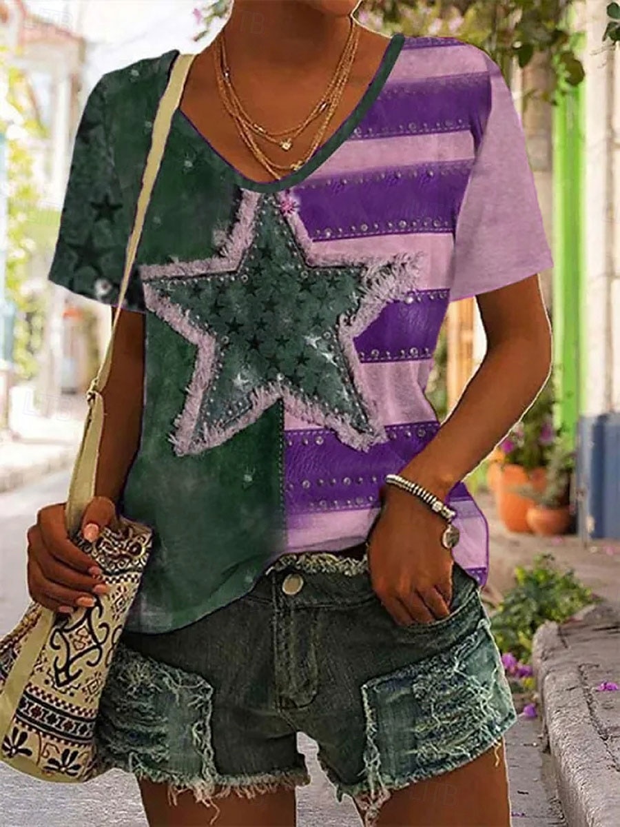 Tricou patriotic pentru femei grafică inimă steag elegant casual cu mânecă scurtă gât în V bluze obișnuite zilnic print albastru mov bronz verde vară primăvară 2025 - $19.99 –P5