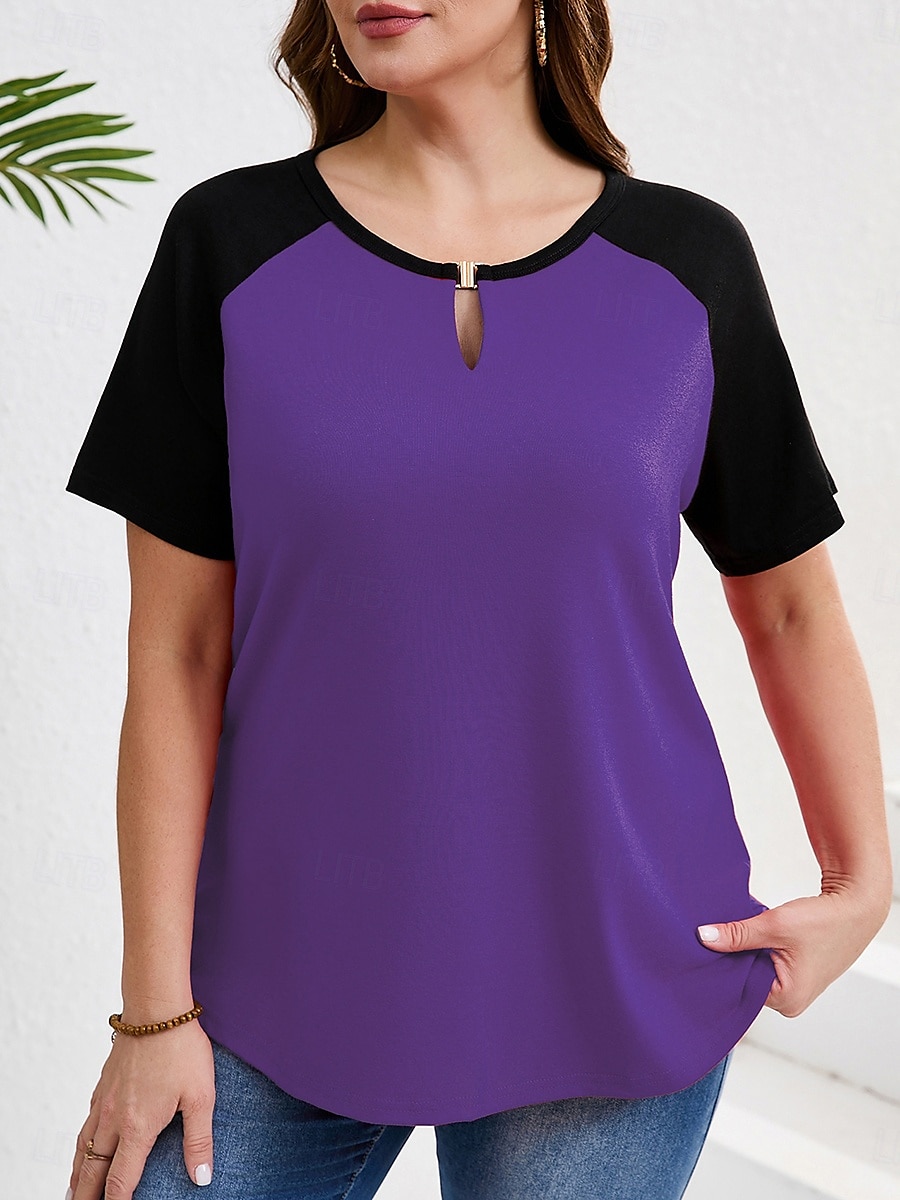 Women's Plus Size Tops T Shirt Solid Color Patchwork Short Sleeve V Neck Casual Daily Polyester Summer Spring Red Blue 2025 - $18.99 –P7