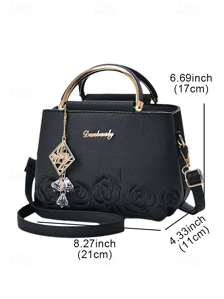 Women's Embroidered Rose Tote Bag with Gold Top Handle and Shoulder Strap - Elegant Faux Leather Crossbody Bag for Commuter, Leisure and Weekend Outings 2025 - $26.99 –P4