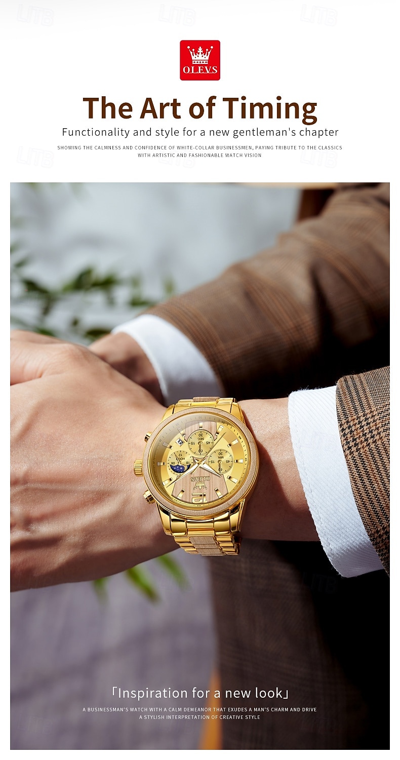OLEVS 3645 Heren Horloge Top Merk Business Originele Kwarts Horloge Massief Hout Multifunctionele Chronograaf Maanfase Horloge 2026 - $62.99 –P13