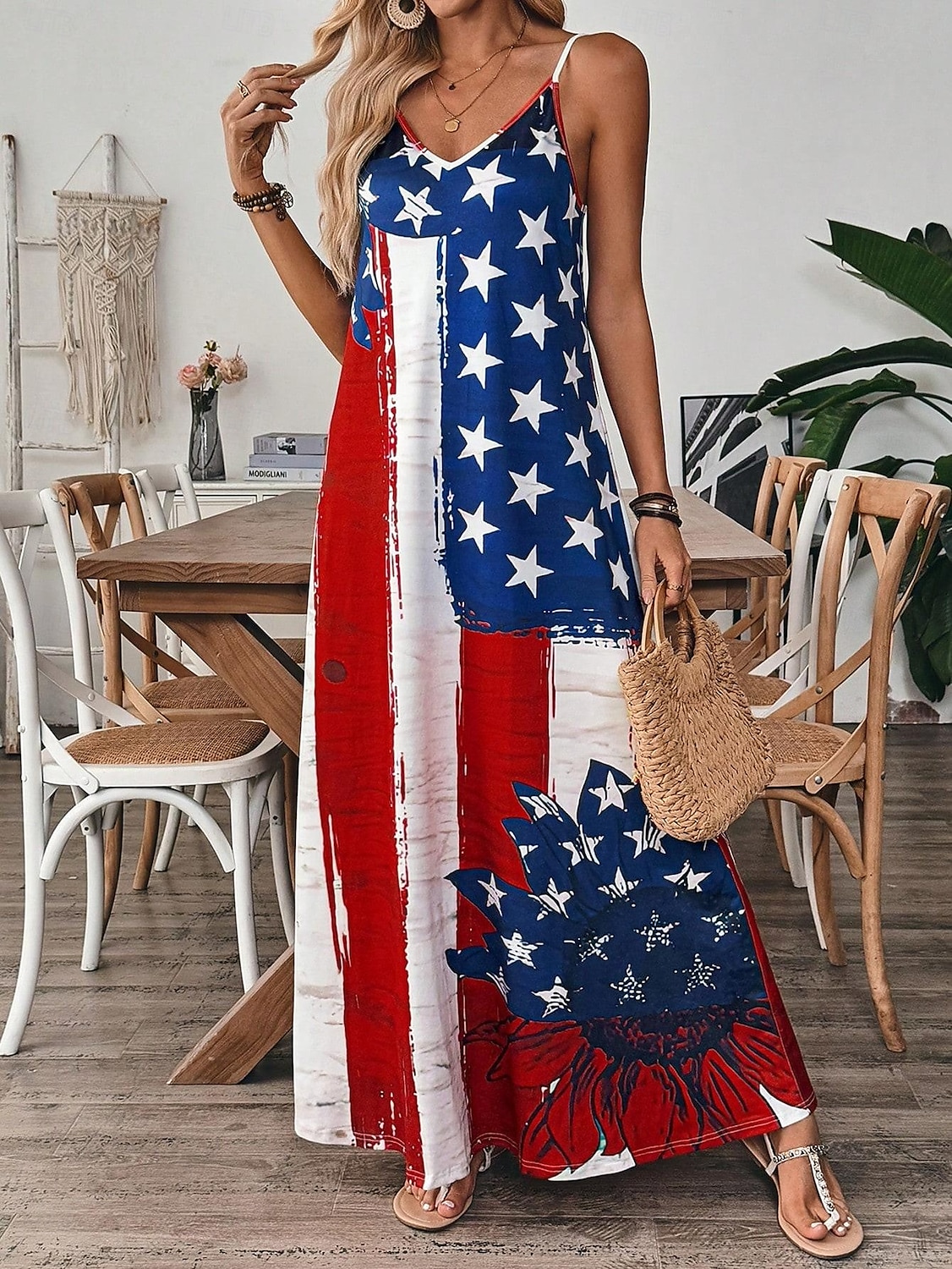 Independence Day Women's Patriotic Fourth of July Maxi Dress A Line Dress Slip Dress Vacation Casual Outdoor Going out Regular Fit Graphic American Flag Sleeveless V Neck Spaghetti Strap Blue 2025 - $27.99 –P1