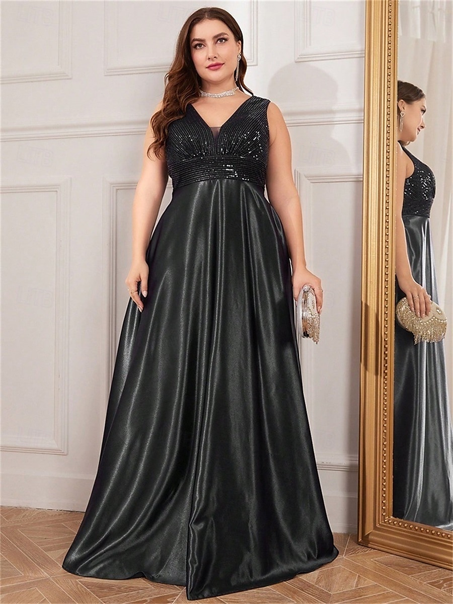A-Line Plus Size Dresses Elegant Curve Dress Formal Wedding Floor Length Sleeveless V Neck Satin V Back with Pleats 2025 - $119.99 –P1