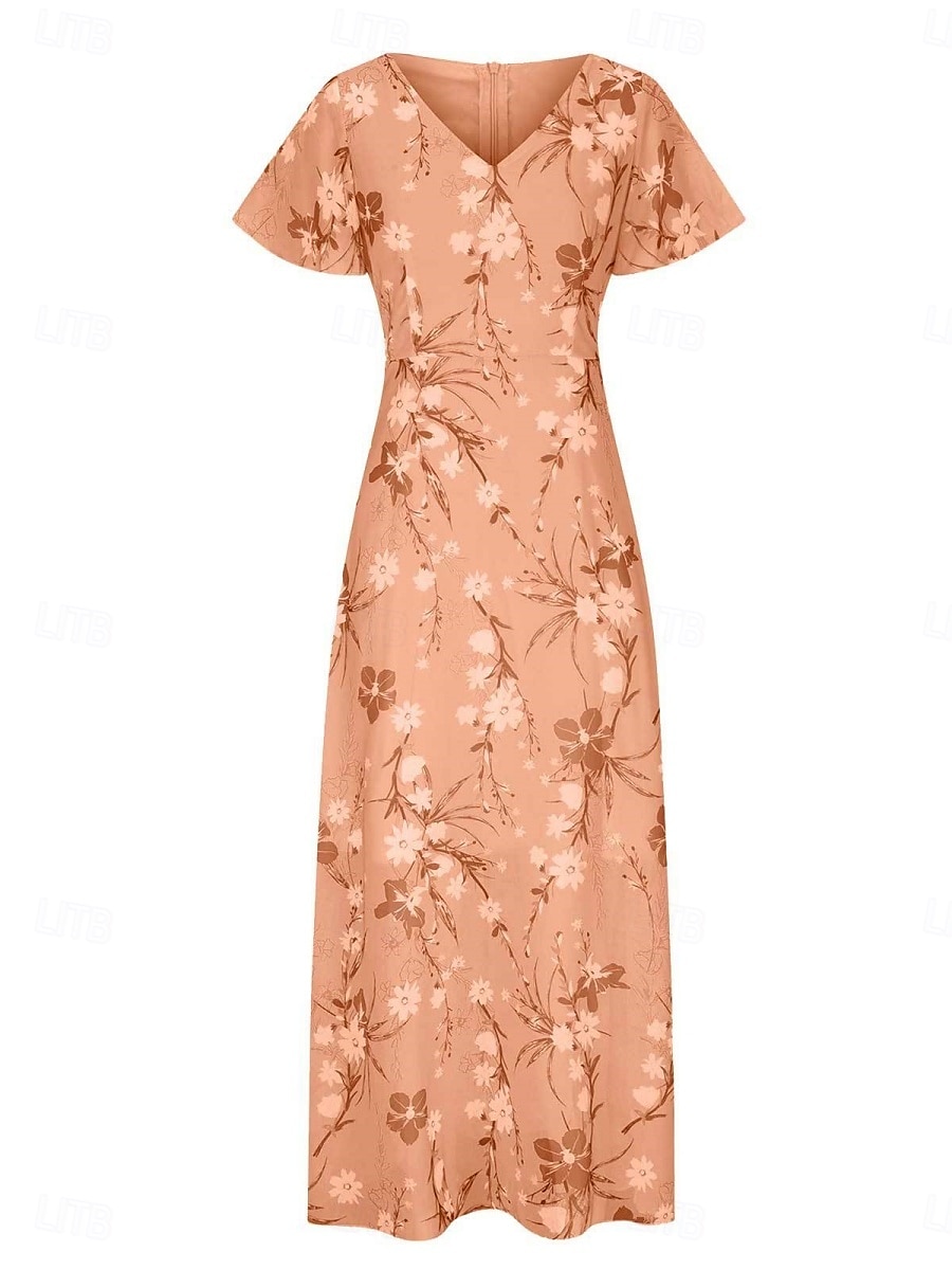 Dam Maxiklänning A linjeklänning Semester Ledigt Boho Utomhus Utekväll Normal Blommig Kortärmad V-hals Purpur Fuchsia Orange Grå Sommar 2025 - $39.99 –P14
