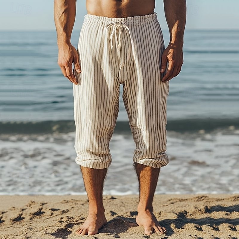 Men's Linen Pants Trousers Summer Pants Beach Pants Pocket Drawstring Elastic Waist Striped Comfort Breathable Vacation Daily Holiday Hawaiian Boho White 2025 - $18.99 –P1