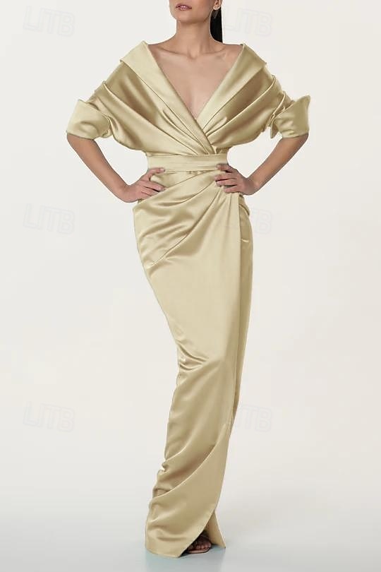 Meerjungfrau  Trompeten Brautmutter Kleid Elegantes Einfaches Minimalistisches V-Ausschnitt Portrait-Kragen Bodenlang Stretch-Satin Halblange Ärmel mit gerafften Details und Schlitz 2025 - $143.99 –P6