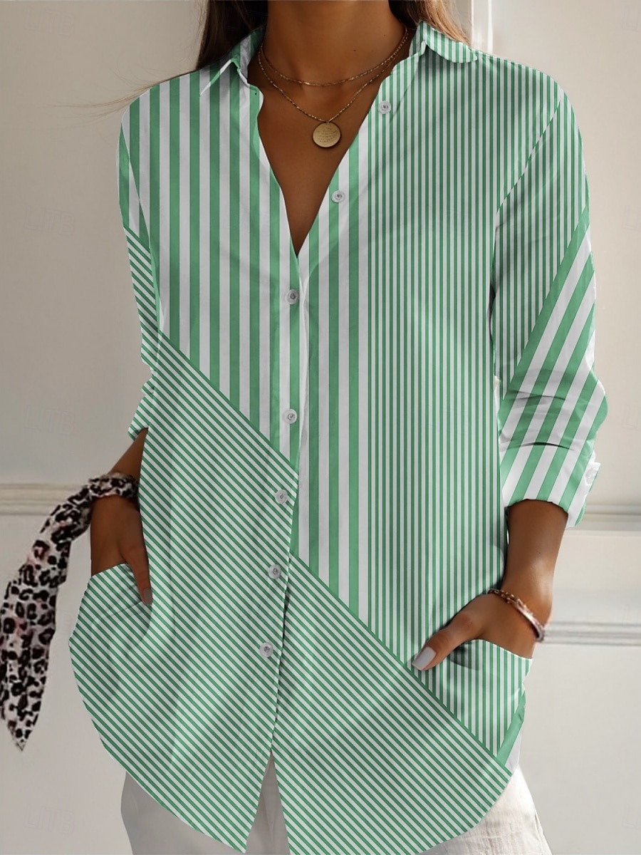 Per donna Camicia A righe Attivo Quotidiano Elegante Manica Lunga Colletto a Camicia Top Regolari Quotidiano Ferie Bottoni Stampato Blu Viola Verde Cachi Grigio Primavera Autunno del 2025 a $25.99 –P3