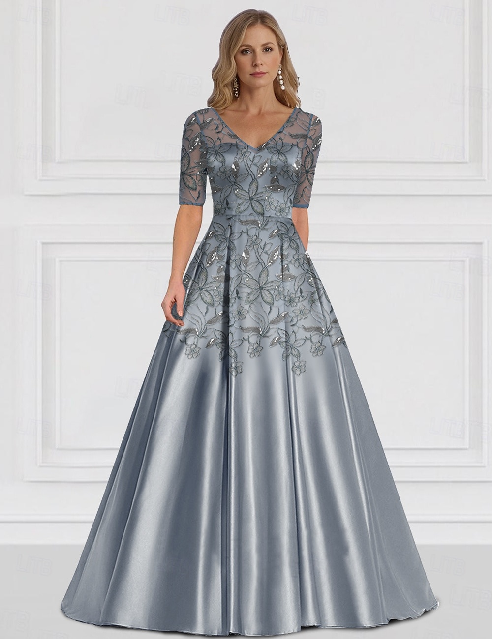 Rochie A-Line pentru Mama Miresei Invitată la Nuntă Elegantă Simplă Cu Decolteu În V Lungime Până La Podea Satine Mâneci Pe Jumătate cu Dantelă 2025 - $142.99 –P1