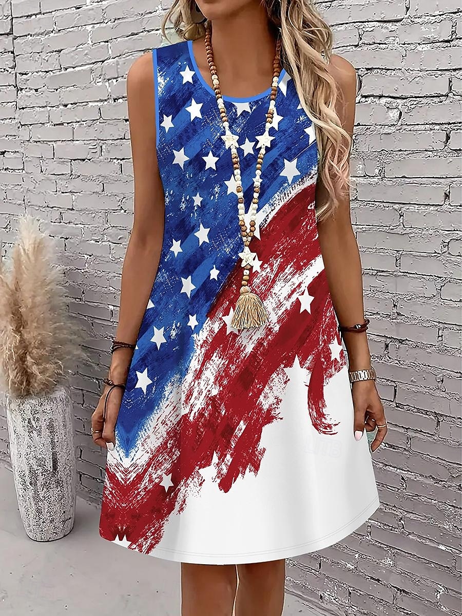 Frauen Patriotic Mini Kleid A-Linien Kleid Sommer Kleid Off-Shoulder Kleid Urlaub Lässig Täglich Reguläre Passform Grafik Flagge Ärmellos U-Ausschnitt Rot Sommer 2025 - $21.99 –P1