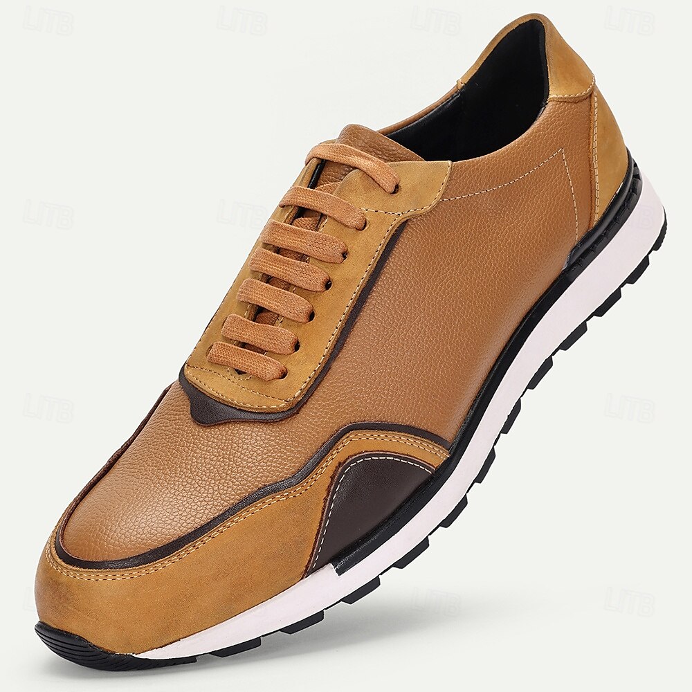 Herrsneakers i brunt läder, avslappnad, lätt, atletiskt inspirerad design med vadderad sula, perfekt för promenader, resor och helgutflykter 2025 - $109.99 –P1