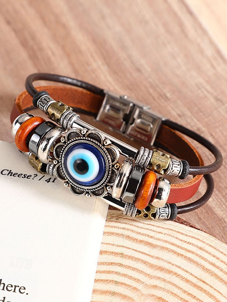 Bracelet manchette en cuir turquoise pour homme avec tête de mort et accents métalliques, style bohème western, parfait pour un usage décontracté et quotidien de 2025 ? $9.99 –P5
