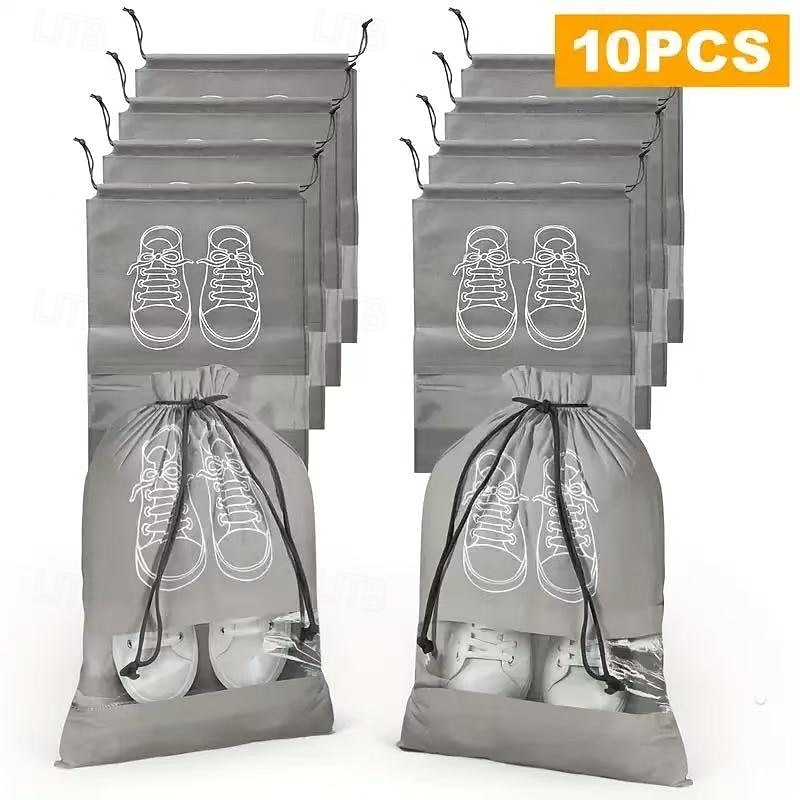 Confezione da 10 sacchetti porta scarpe da viaggio, organizer per scarpe antipolvere in tessuto non tessuto con chiusura a coulisse, finestra trasparente e design con stampa di scarpe bianche del 2025 a $5.49 –P2