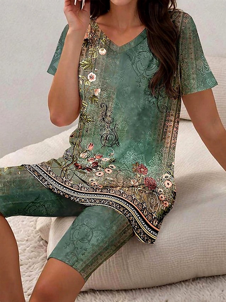 Pentru femei Vacanță Epocă Modă Tricou Seturi de pantaloni scurți Manșon scurt În V Floral Grafic Imprimeu Casul / Zilnic Verde Deschis Mov Strugure Albastru Marin Închis Vară Fit regulat 2025 - $29.99 –P4