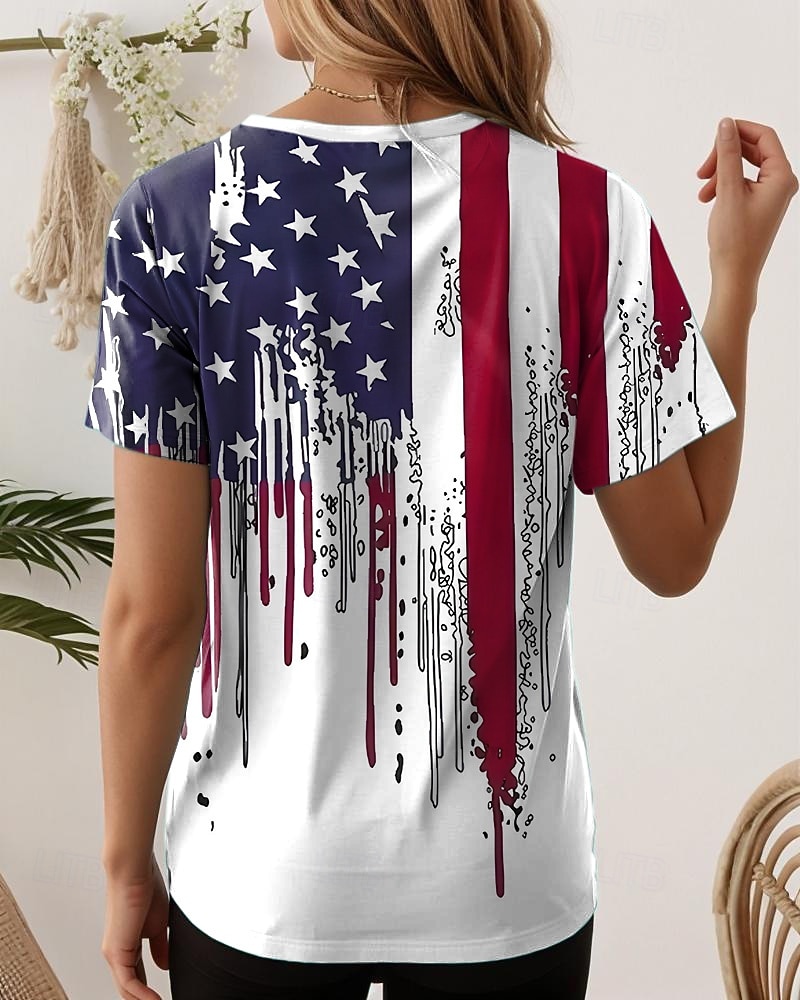 T-shirt patriotique pour femmes du Jour de l'indépendance graphique drapeau vintage élégant classique manches courtes col en V tops réguliers impression quotidienne blanc été printemps de 2026 ? $22.99 –P4