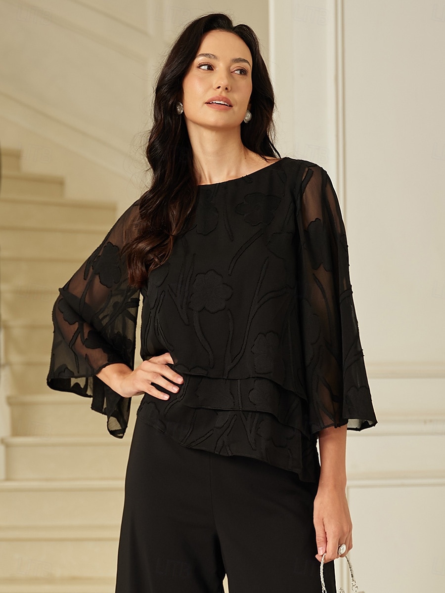 Dames Kanten overhemd Blouse Geklede topjes Chiffon-topjes Effen Kleur Bloemig Grafisch Elegant Stijlvol Basic Halve mouw Flutter mouw Boothals Normale tops Bruiloft gast Werk Dagelijks Asymetrische 2025 - $59.99 –P6