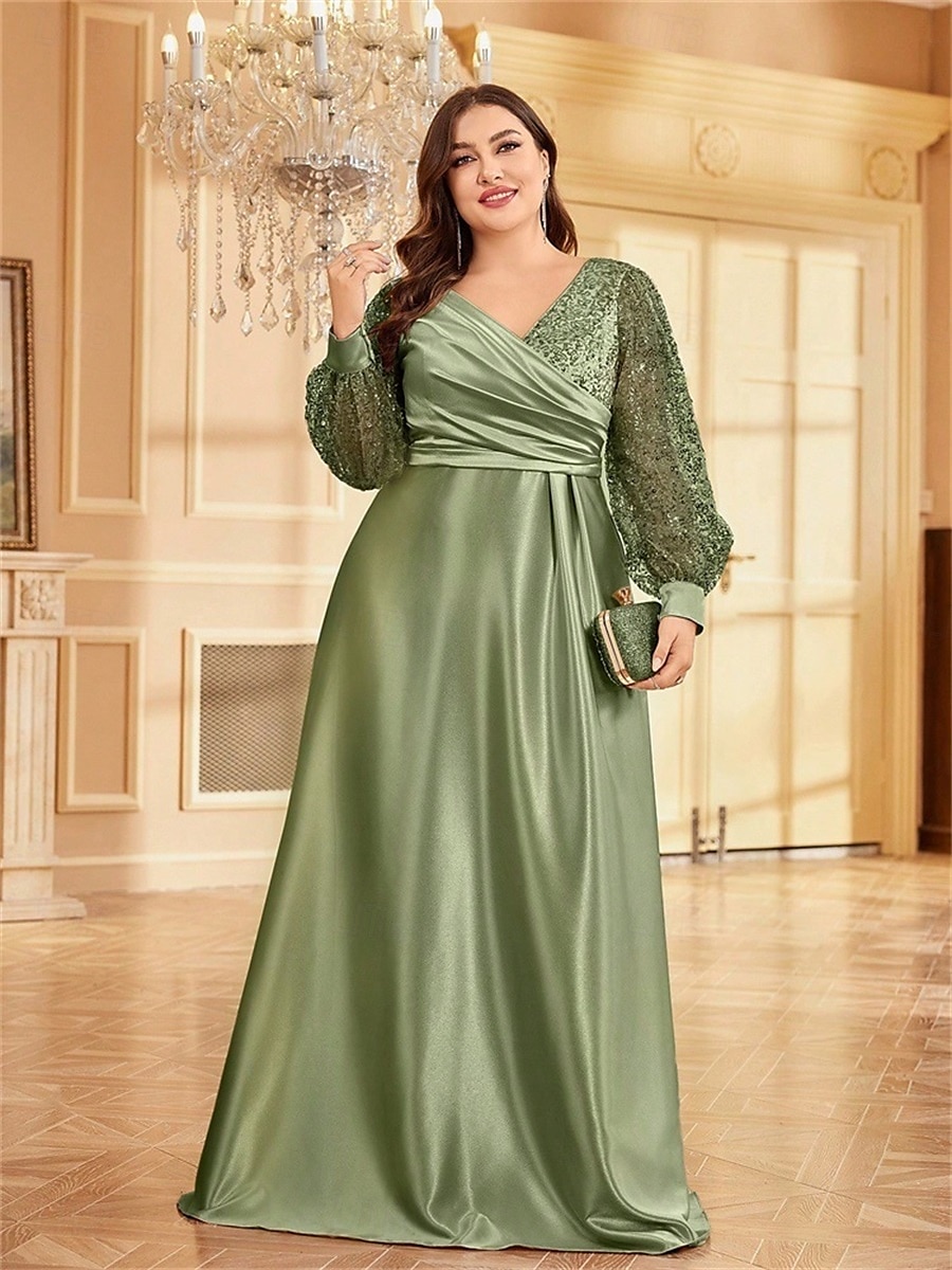 Robe A-Line Grande Taille Élégante Robe Courbe De Mariage Formelle Longue Au Sol Manches Longues Col en V En Polyester Avec Plis 2025 de 2025 ? $119.99 –P5