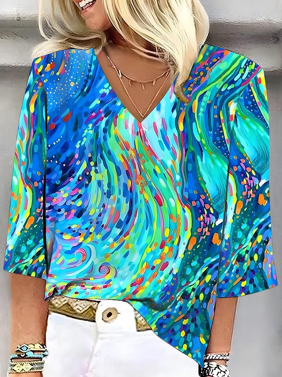 Dam Blus Grafisk Geometrisk Elegant Stylish Ledigt 3/4 ärm V-hals Vanliga toppar Dagligen Helgdag Utekväll Mönster Gul Blå Sommar Vår 2025 - $25.99 –P1