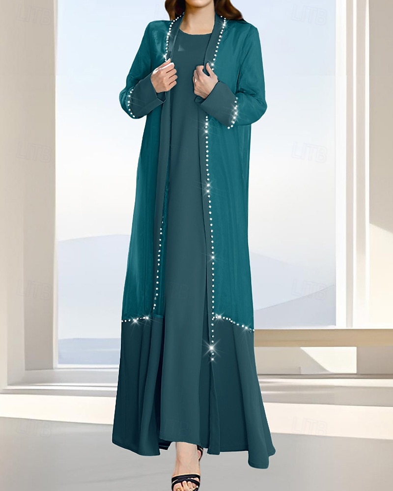 Zweiteilig A-Linie Brautmutterkleid Formell Elegant Einfach luxuriös U-Boot-Ausschnitt Bodenlang Satin Organza Langarm mit Kristalle 2025 2025 - $139.99 –P4