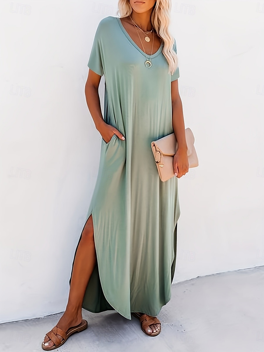 Femmes Robe maxi Robe d'été Occasionnel Quotidien Coupe régulière Uni Manche Courte Col en V Noir Rose Claire Vert Été de 2025 ? $30.99 –P1