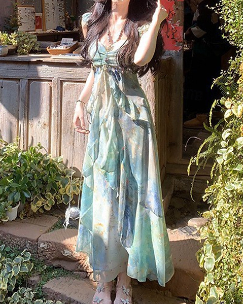 Dames Lange jurk maxi-jurk Jurk met print Modern Vakantie Feestdagen Teaparty Normale pasvorm Bloem Mouwloos V-hals Groen Zomer 2025 - $31.99 –P2
