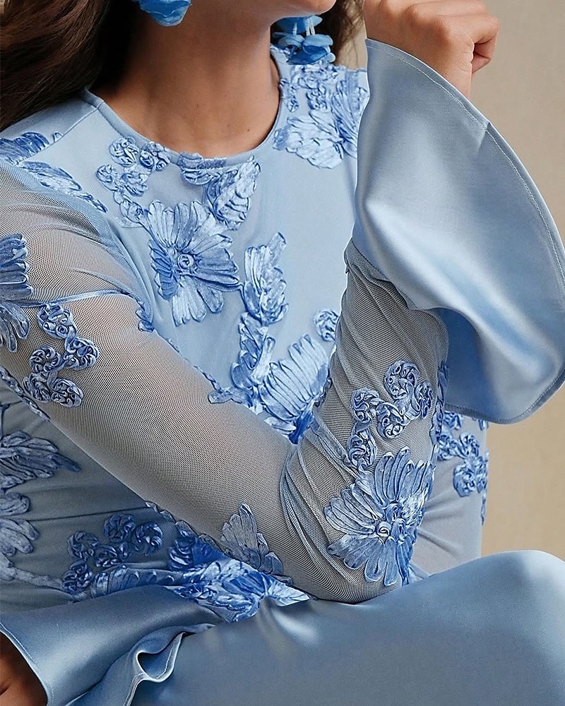 Blauer Bogen Spitze A-Linie Abendkleid Elegantes Kleid Formelles Hochzeitskleid Bodenlang Lange Ärmel Rundhals Stretchmaterial 2025 - $135.99 –P2