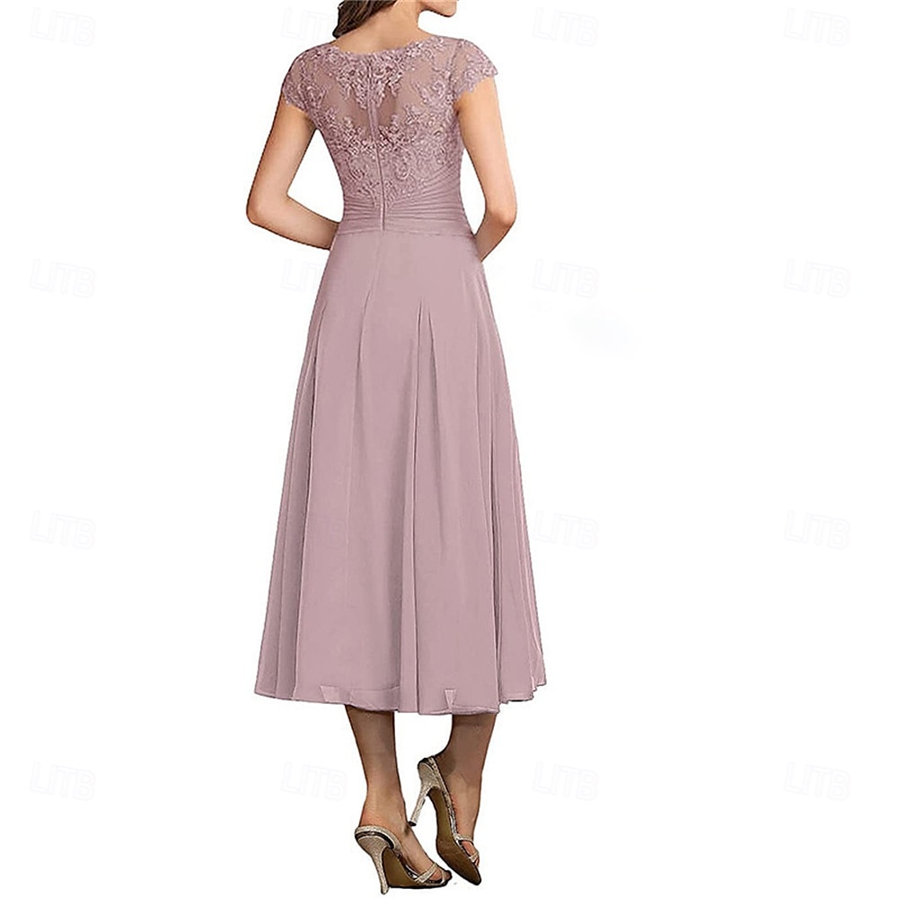 A-Linie Brautmutterkleid Elegant Einfach Rundhalsausschnitt Knöchellänge Chiffon Kurzarm mit Falten Einfarbig 2025 2025 - $119.99 –P7