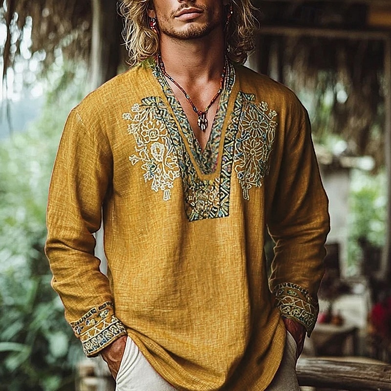 Men's Popover Shirt Summer Shirt Beach Wear Vintage Shirt Ethnic Shirt Floral Vacation Holiday Yellow Blue Orange Brown Long Sleeve V Neck Summer Spring Clothing Apparel 2025 - $23.99 –P5