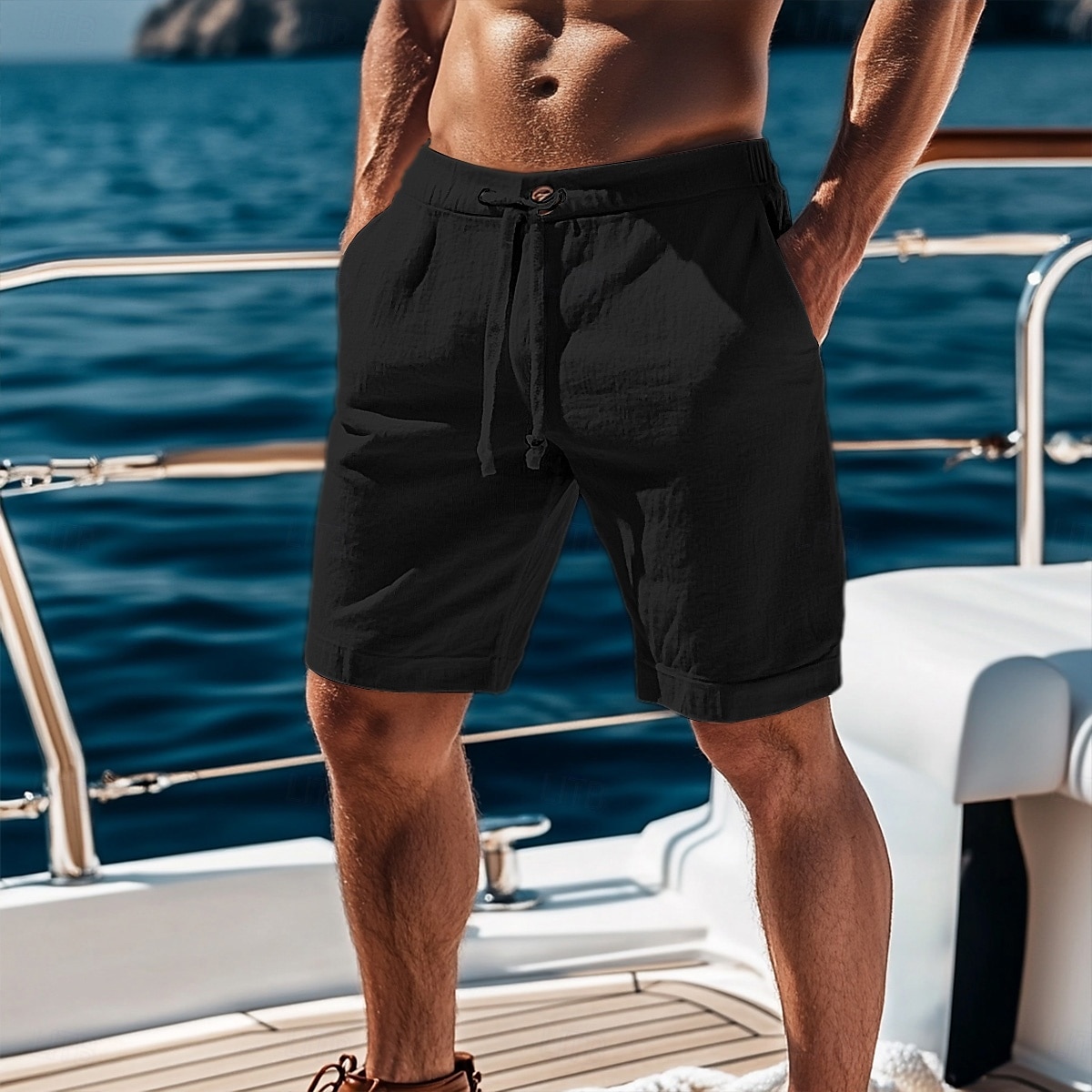 Homens Calção Shorts de linho Shorts de verão Shorts de praia Com Cordão Cintura elástica Tecido Conforto Respirável Comprimento do joelho Ao ar livre Diário Praia Férias Moda Preto Branco de 2025 por $18.99 –P7