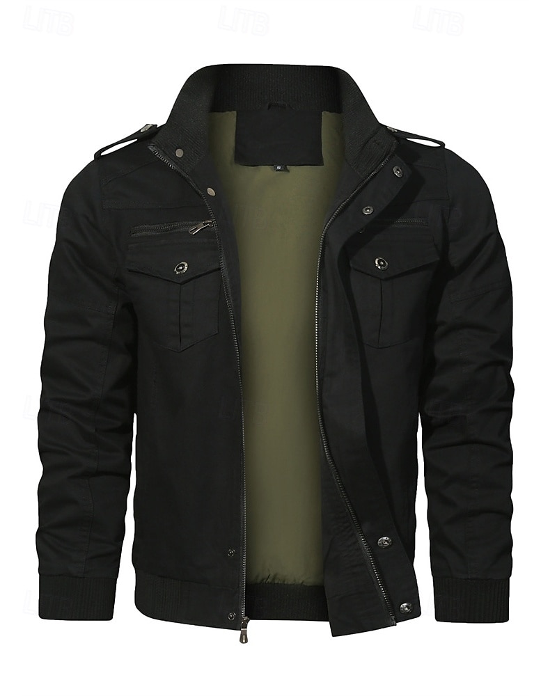 Men's Trucker Jacket Cargo Jacket Casual Jacket Vacation Daily Pocket Spring Fall Plain Fashion Classic Stand Collar Regular Black Khaki Army Green Jacket 2025 - $53.99 –P8