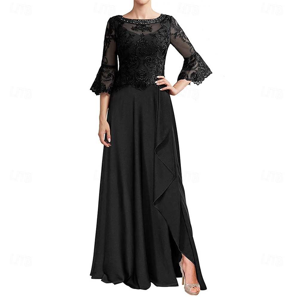 A-Line Mother of the Bride Dress Elegant Crew Neck Floor Length Chiffon Long Sleeve with Solid Color 2025 - $119.99 –P7