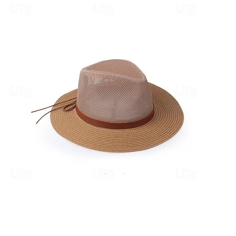 Zomerse cowboyhoed met grote rand, gebreid met net, platte rand, bescherming tegen de zon, opvouwbare herenhoed, strandhoed, casual 2025 - $12.49 –P4