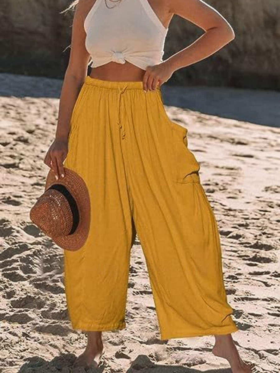 Mulheres Calças de linho de algodão chinês Moda Básico Casual Comprimento total Cintura Alta Tecido Bolsos Com Cordão Conforto Exterior Micro-Elástica Férias Rua Diário Branco Amarelo fúcsia cáqui de 2025 por $25.99 –P3