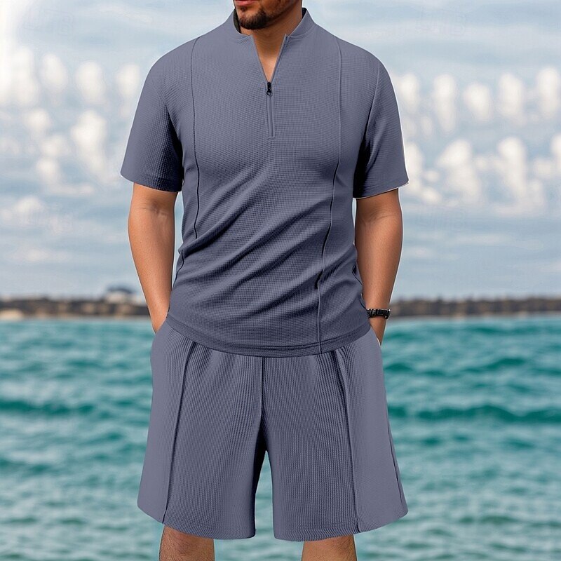 Men's Waffle Shirt T-shirt Suits 2 Pieces Outfits Tee & Shorts Short Sleeve Quarter Zip Summer Plain Fashion Casual 2 Piece Vacation Daily Wear Going out Black khaki Gray Top Tee for Men 2025 - $38.99 –P7
