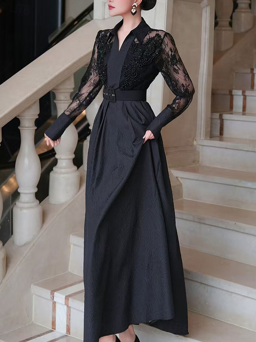 A-Linie Brautmutter Kleid Eleganter Hemdkragen Knöchellang Polyester Langarm mit Spitze Gurt  Band 2025 - $139.99 –P11