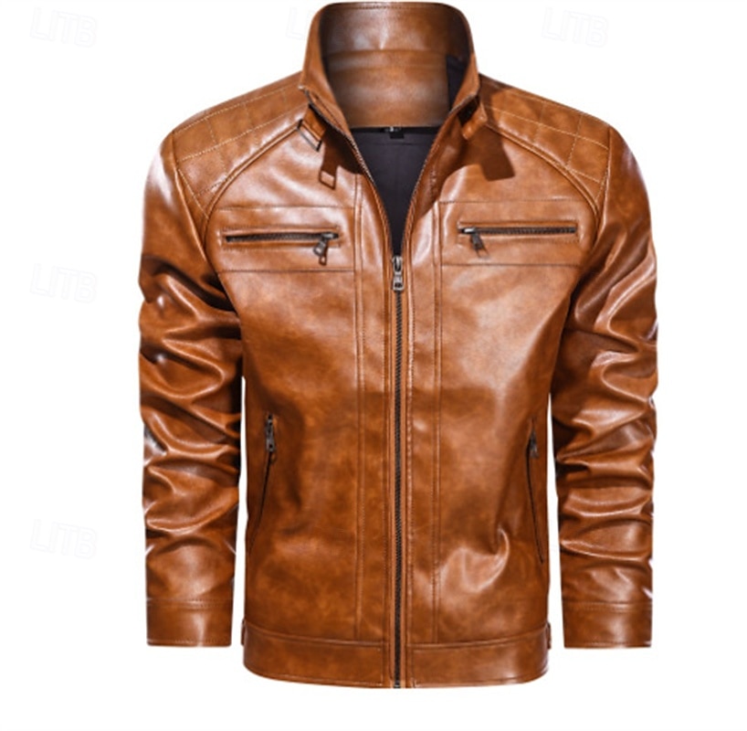 Herren Kunstlederjacke Bikerjacke Rote Lederjacke Motorradjacke Urlaub Täglich Winddicht Warm Tasche Herbst Winter Einfach Mode Klassisch Stehkragen Regulär Schwarz Rote Braun Jacken 2025 - $63.99 –P5