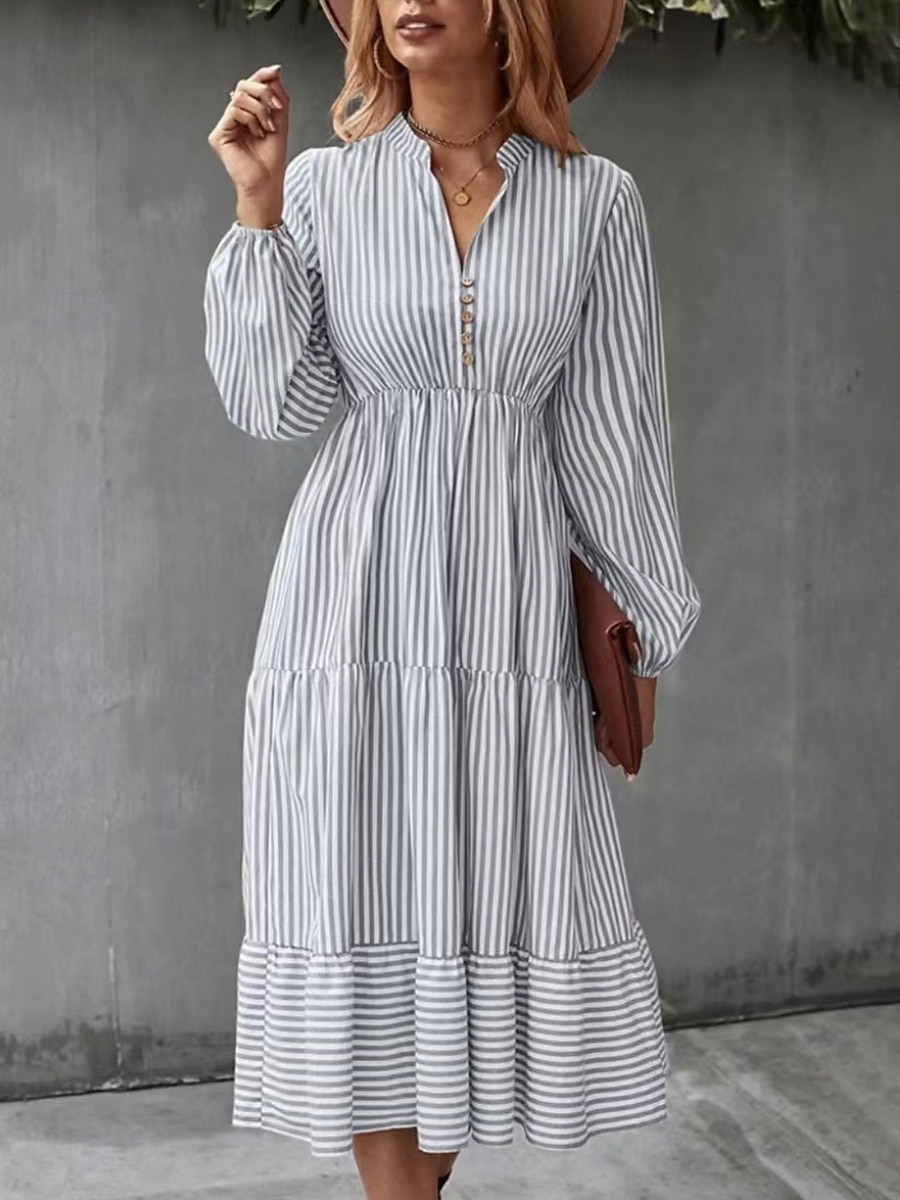 Pentru femei Rochii Midi Rochie A line Casual Zilnic Potrivire Largă Dungi Manșon Lung În V Negru Albastru piscină Trifoi Primăvară Toamnă 2025 - $39.99 –P4