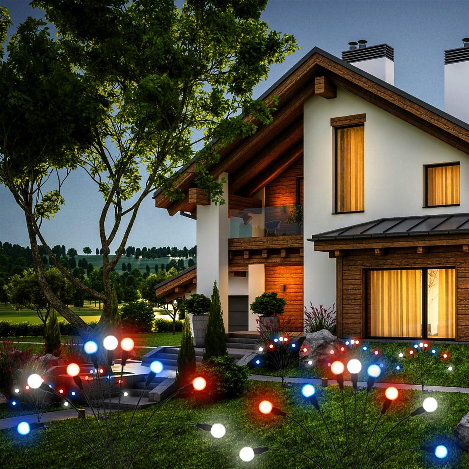 2 шт. патриотичных 12 головок солнечных светильников с огнями светлячков водонепроницаемых для Дня независимости 4 июля 250-й юбилей День памяти сад газон дорожка вечеринки патриотическая атмосфера 2026 - $26.99 –P6