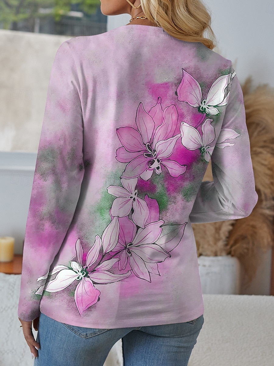 Femmes T-shirt Fleuri Graphique ancien Élégant Moderne manche longue Col en V Hauts Réguliers Quotidien Découpé Imprimé Rouge Bleu Bleu Ciel Violet Printemps Automne de 2025 ? $23.99 –P2