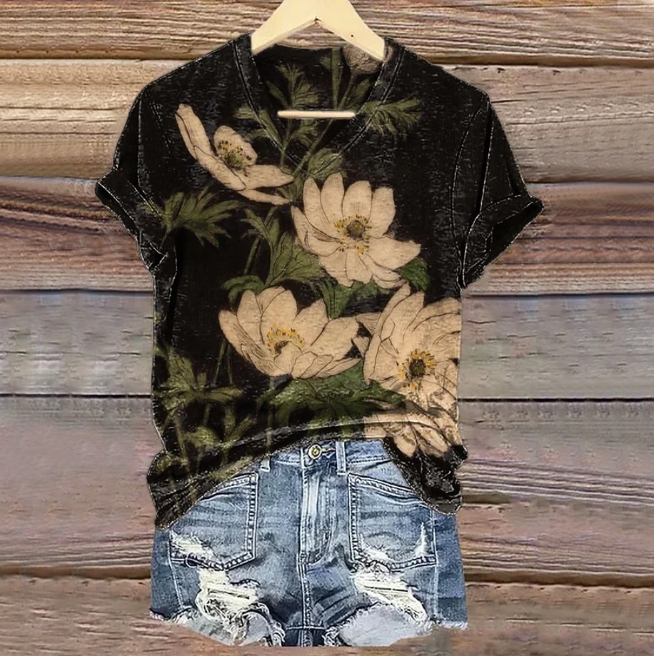 Maglietta da donna, vintage, elegante, con motivo floreale, a
