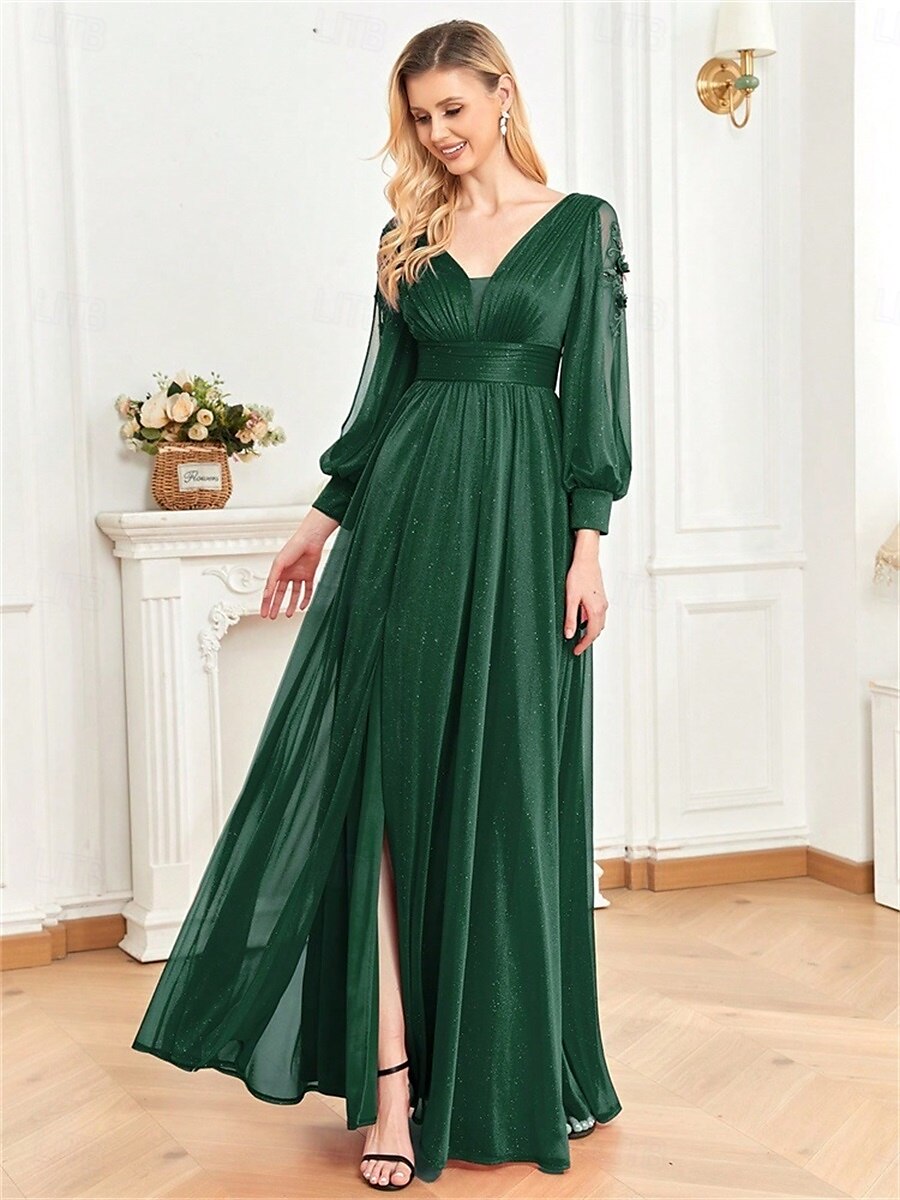 A-vonal Quinceanera Ruhák Elegáns Ruha Formális Esküvői Padló Hosszúságú Hosszú Ujjú V Nyak Sifon V Hátsó Ráncokkal Hasítékkal 2025 - $99.99 –P15